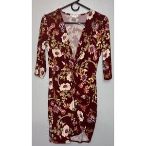 Miley + Molly Dress Women   Burgundy Floral  V-Neck Long Sleeve  Size Large